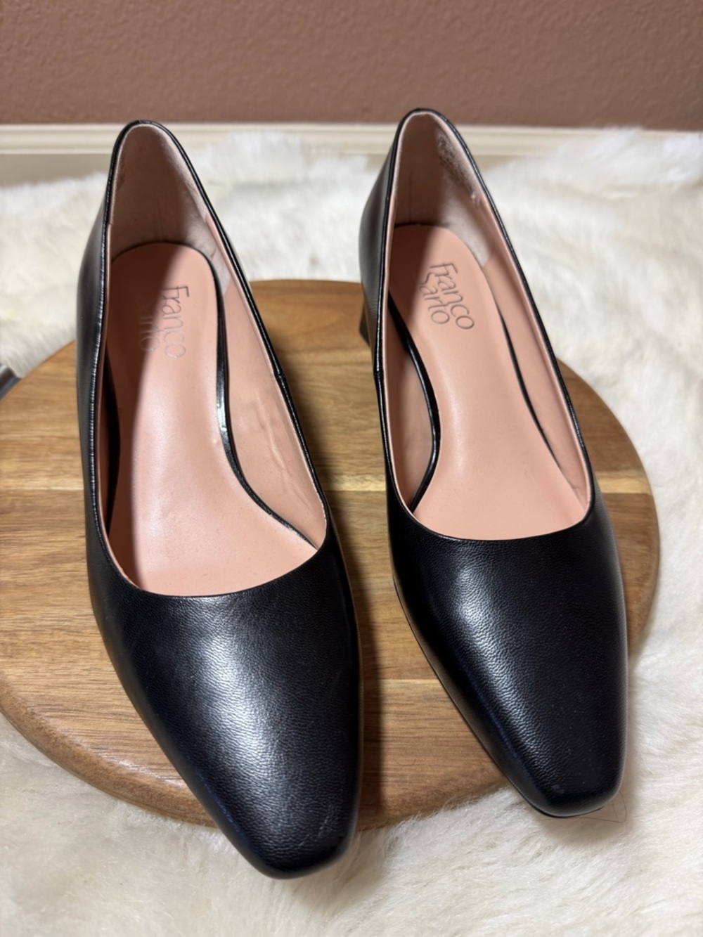 Franco Sarto Jesslyn Black Leather Pointed Pumps with Block Heel Size 7.5